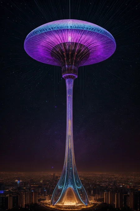 realistic,best quality,
a giant delicate mushroom space elevator made of opal above a futuristic city center,integrated computer circuitry in stem,ray tracing,glowing light particles,the early morning light,adorned with glistening techno dewdrops. in the background beautiful futuristic rave party,divine iridescent glowing,opalescent textures,volumetric light,ethereal,sparkling,light inside body,bioluminescence,highly detailed,sharp focus,<lora:add_detail:1>,cyber punk,psychedelic,gemtech,emerald,<lora:ral-colorswirl-sd15:0.5>,ral-colorswirl,<lora:DETAIL_SLIDER_BY_STABLE_YOGI:0.8>,<lora:Psykadelicwoxel3d:0.8>,psykadelicwoxel3d,made of voxels,
