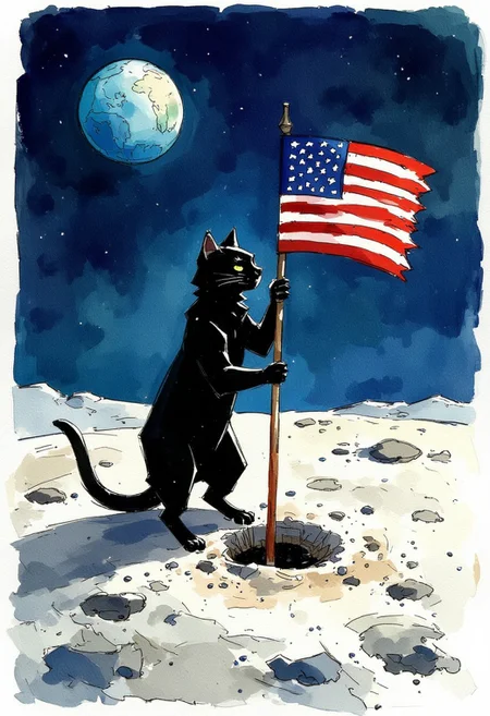 Watercolor painting of a black cat on the surface of the moon planting the American flag. background of space and planet earth.