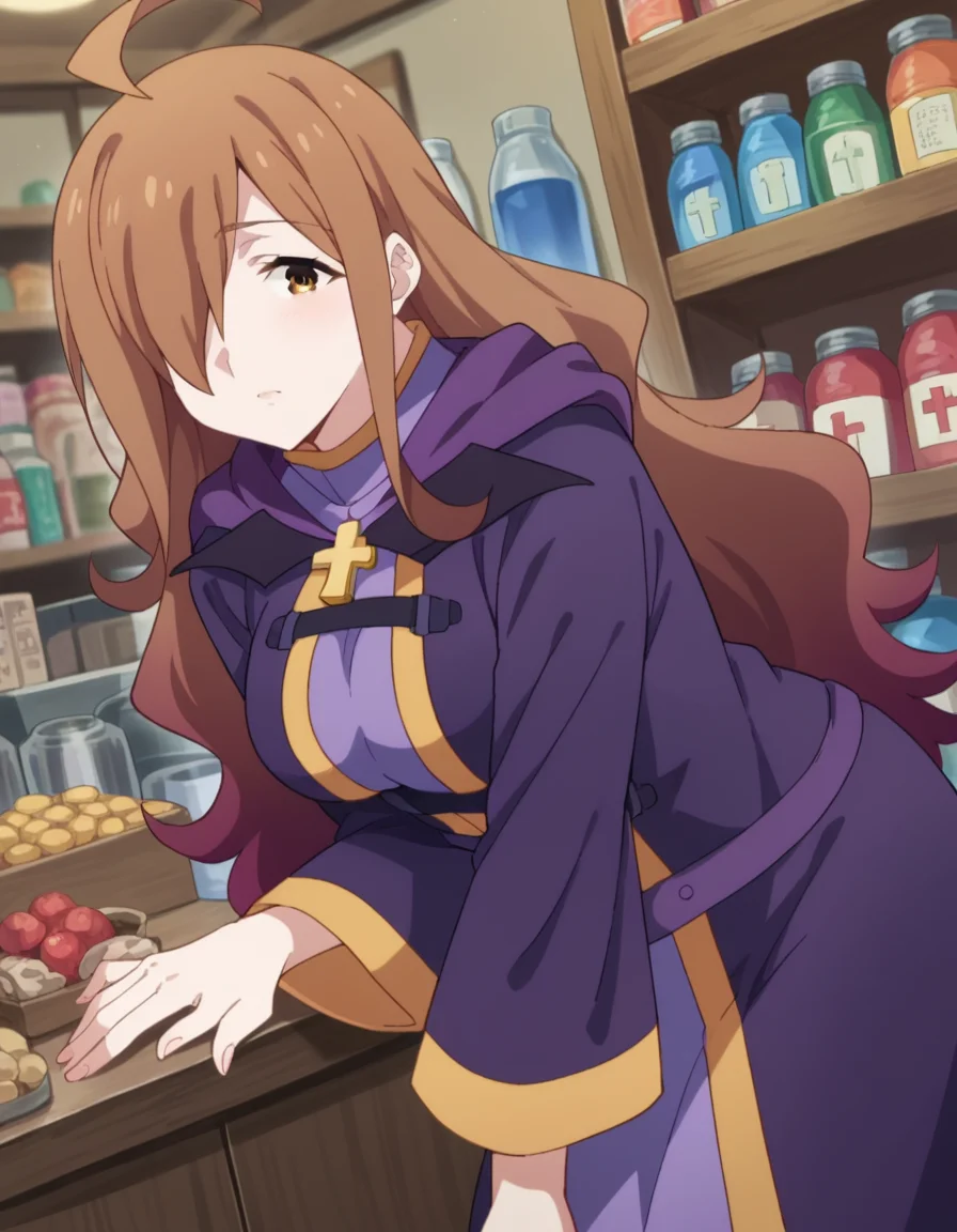 score_9, score_8_up, score_7_up, source_anime,
konosubawiz, <lora:konosuba-wiz-s1s2-ponyxl-lora-nochekaiser:1>,
wiz, ahoge, brown eyes, light brown hair, hair over one eye, long hair, mature female,
cross, dress, hood, hood down, jewelry, latin cross, long dress, long sleeves, purple dress, robe, purple robe,
indoors, shop, bent over,
looking at viewer, dutch angle, cowboy shot,