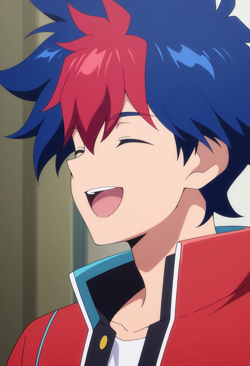 masterpiece,best quality,amazing quality, source_anime,
RaitoTenryu, 1boy, male focus, solo, closed eyes, multicolored hair, blue hair, red hair, gakuran, shirt, white shirt, jacket, red jacket, open jacket, smile, open mouth, happy, portrait,