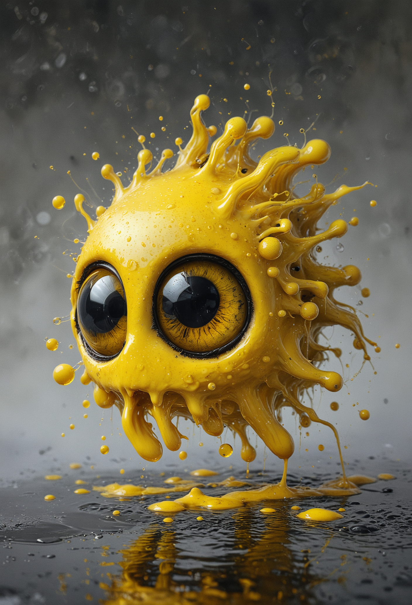 In a cool grey-toned background, a splash of bright golden yellow paint with large shiny cartoony black eyes, surrounded by lighter yellow embers, its body and tendrils have a glossy dripping quality with tiny bubbles and dynamic splashes that give a sense of movement, frozen mid-splash, <lora:xl_more_art-full_v1:0.4>, <lora:add-detail-xl:1>, <lora:MJ52:0.4>