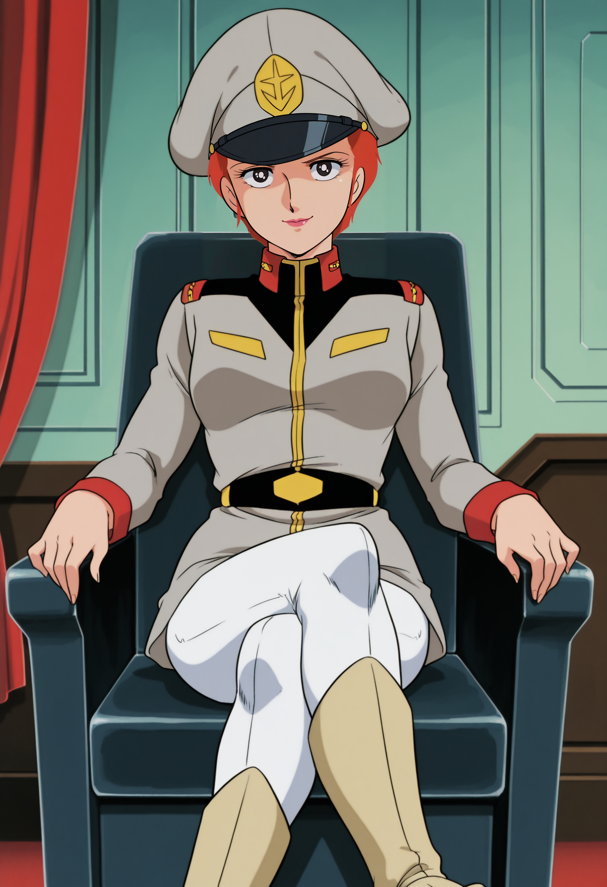 1girl,solo,mm,mature female,red hair,short hair,black eyes,lipstick,retro artstyle,anime coloring,
uniform,military uniform,hat,peaked cap,belt,white pants,boots,sitting,crossed legs, looking at viewer, smile,indoors
,masterpiece,best quality,amazing quality,<lora:Matilda_Ajan-Mobile_Suit_Gundam-1979:0.8>