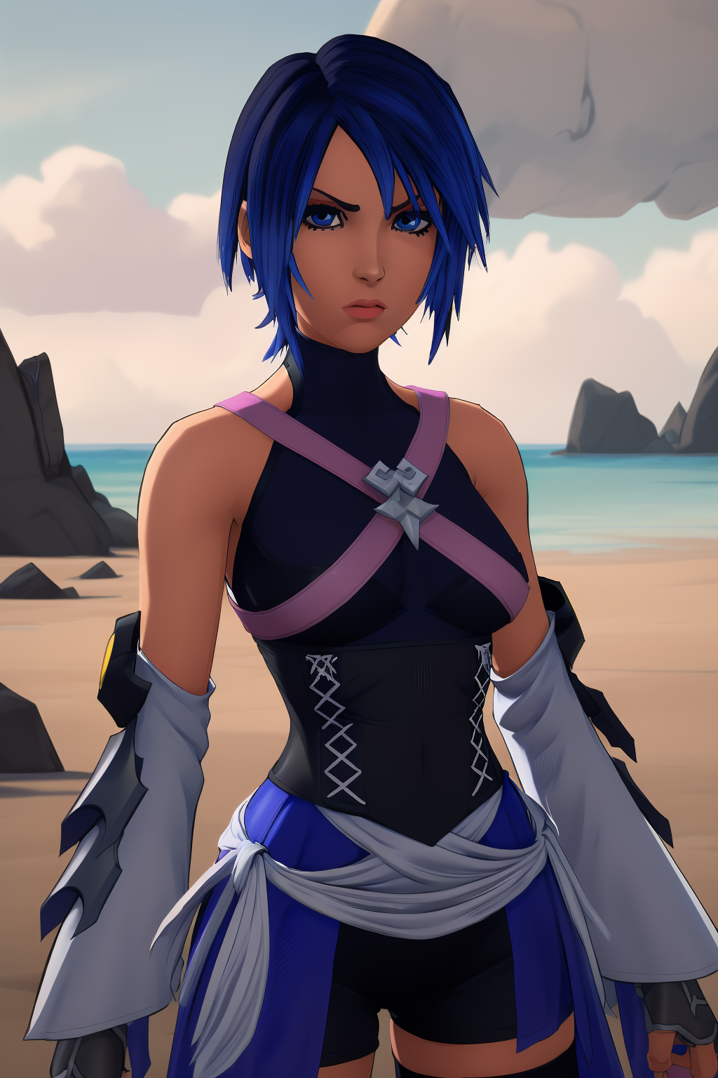 Highly detailed, High Quality, Masterpiece, <lora:[Floor]KHAqua:.8>, <lora:Afrobull [MockAi - v1.0]:.8>, cell shading, simple shading, colorful, clean lineart, solo, KH-Aqua, blue eyes, blue hair, short hair, arm armor, pink torso strap, chest ornament, dark blue halter turtleneck, young woman, blue skirt with white ribbons, grey fingerless gloves, black shorts, black thighhighs