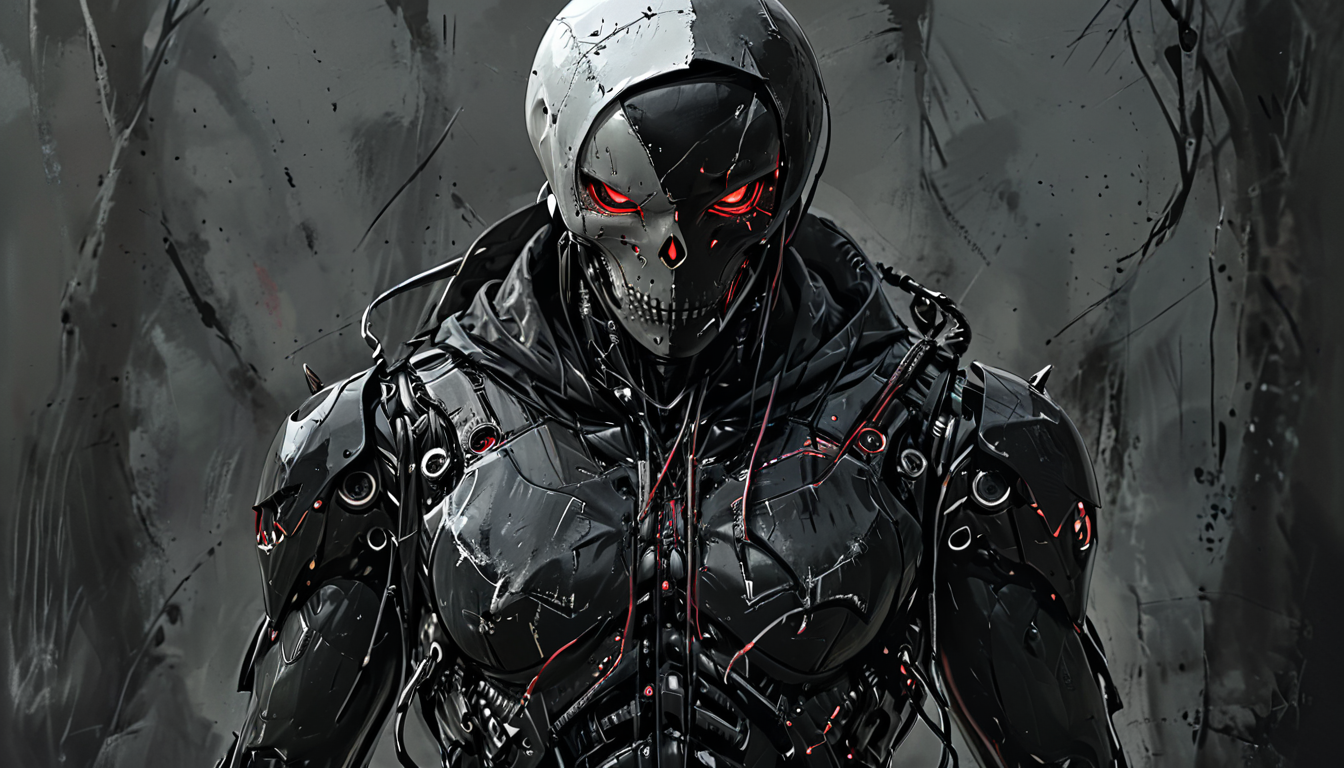 comic a black and white robot with red eyes, artstyle andree wallin, hooded skull, spectres, assassin, skull on the chest, highly detailed character, ((skull)), machine revolution, black mask, morphing skulls, male cyborg military commander, noface, graphic illustration, comic art, graphic novel art, vibrant, highly detailed, 