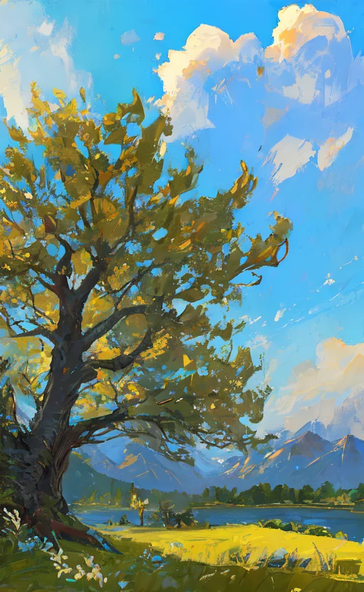 Conceptart,Concept Art,Samia, tree, scenery, cloud, outdoors, sky, day, mountain, grass, nature, mksks style, best quality, perfect