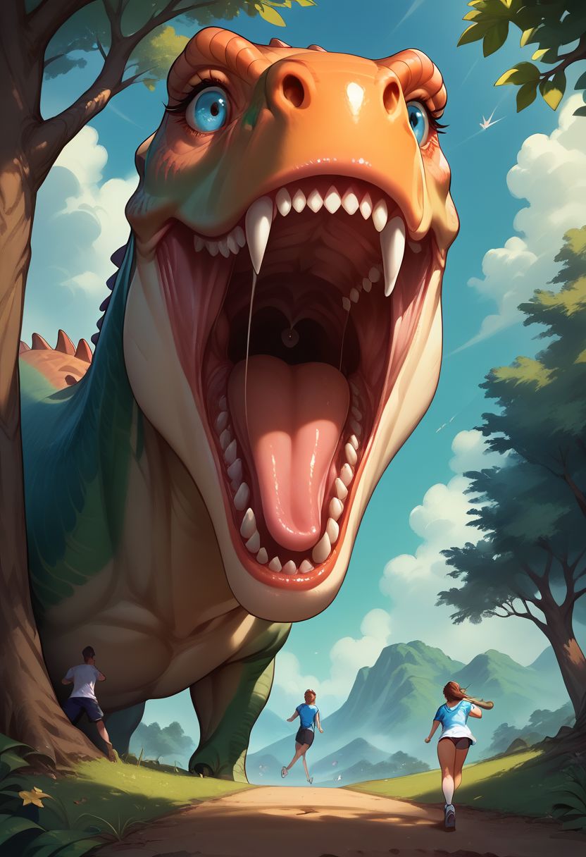 score_9, score_8_up, score_7_up, 35mm photography, highly detailed, high detail, sharp focus,duo,
detailed fantasy cover art of 1dinosaur,( t-rex, giant), chasing a woman, 1woman, the woman is scared and running up a tree