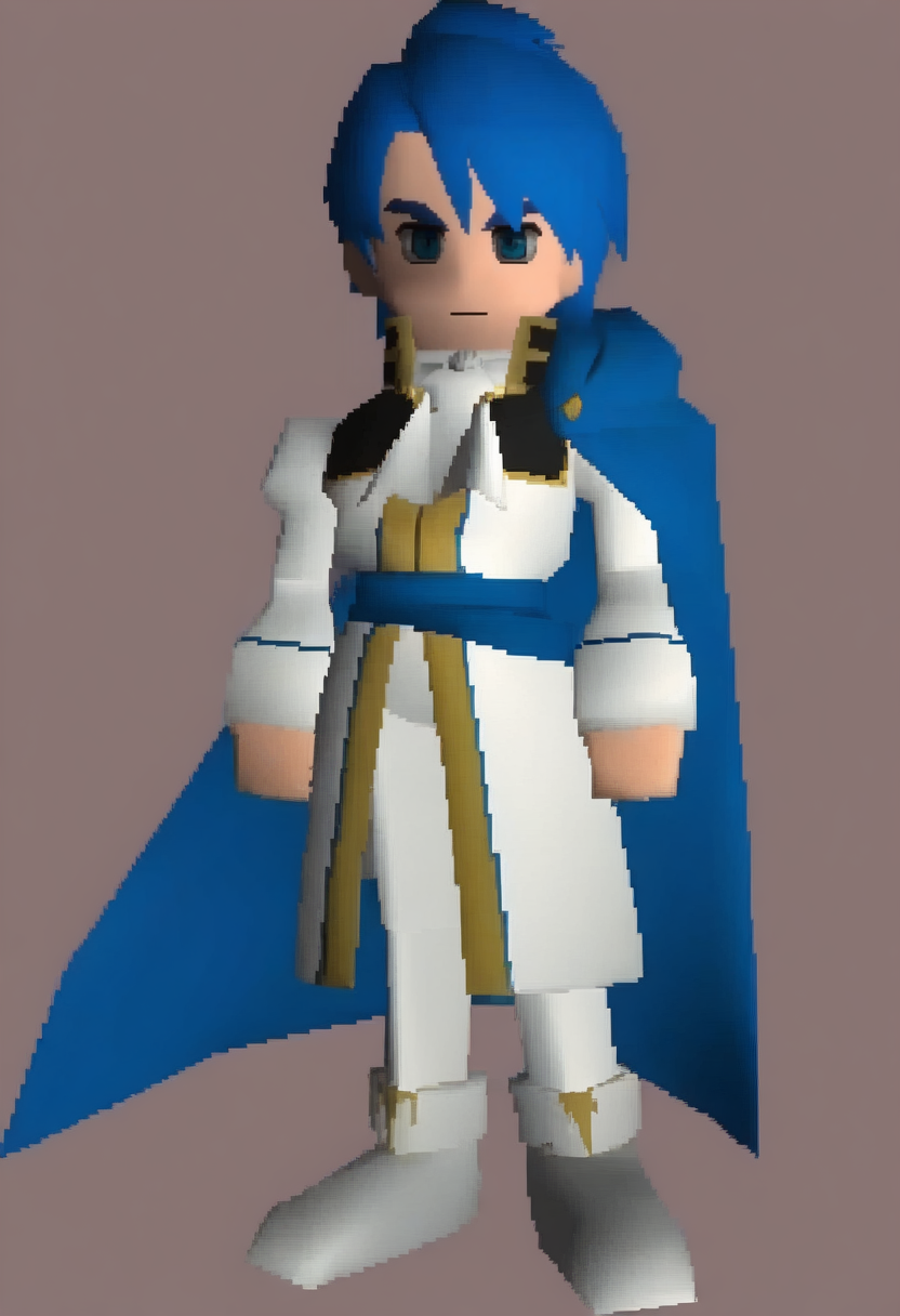 masterpiece, best quality, solo, 1boy, looking at viewer,  <lora:FF7-Chibi-illus_Fp:1>, full body, simple background, 3d, chibi, <lora:Sigurd-illus_Fp:1>, sigurdfe4, blue eyes, blue hair, short hair, white coat, white pants, ascot, collar, armor, blue cape, long sleeves, white footwear,