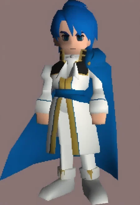 masterpiece, best quality, solo, 1boy, looking at viewer, <lora:FF7-Chibi-illus_Fp:1>, full body, simple background, 3d, chibi, <lora:Sigurd-illus_Fp:1>, sigurdfe4, blue eyes, blue hair, short hair, white coat, white pants, ascot, collar, armor, blue cape, long sleeves, white footwear,
