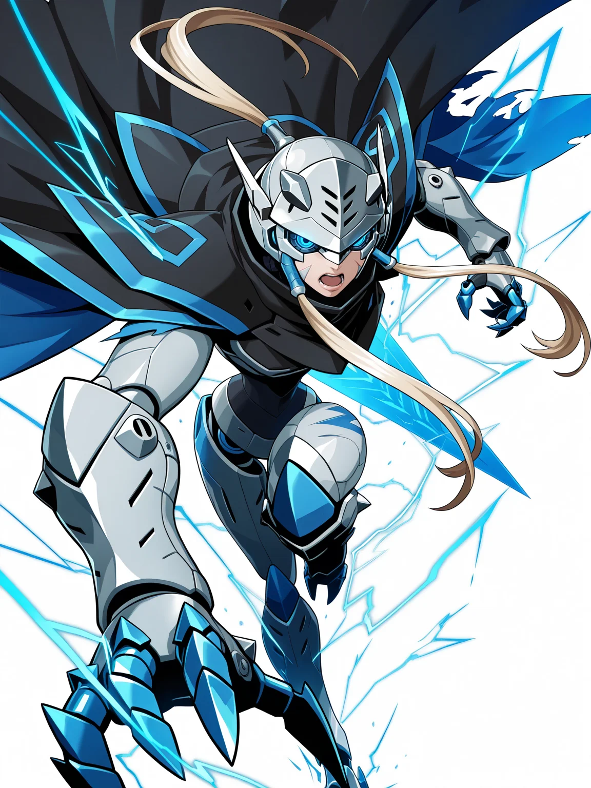 masterpiece, best quality, amazing quality, very aesthetic, absurdres, official art, BREAK
solo, mature female,
<lora:Warforged:0.8> Warforged, metal body, robot, 1girl, blue eyes, silver metal, white background,
<lora:Blade:0.8> g.v.blade, see-through helmet, headgear, scar on face, bangs, cape, glowing blue gauntlets, armor, mechanical legs, glowing claws, lightning, lips, nose, metal skin, metal jaw, running towards viewer, foreshortening, narrow waist, robot joints, robot ears, glowing eyes, shouting, pouncing,
<lora:Blazblue:0.8> blazbluecrosstabbattlecgil