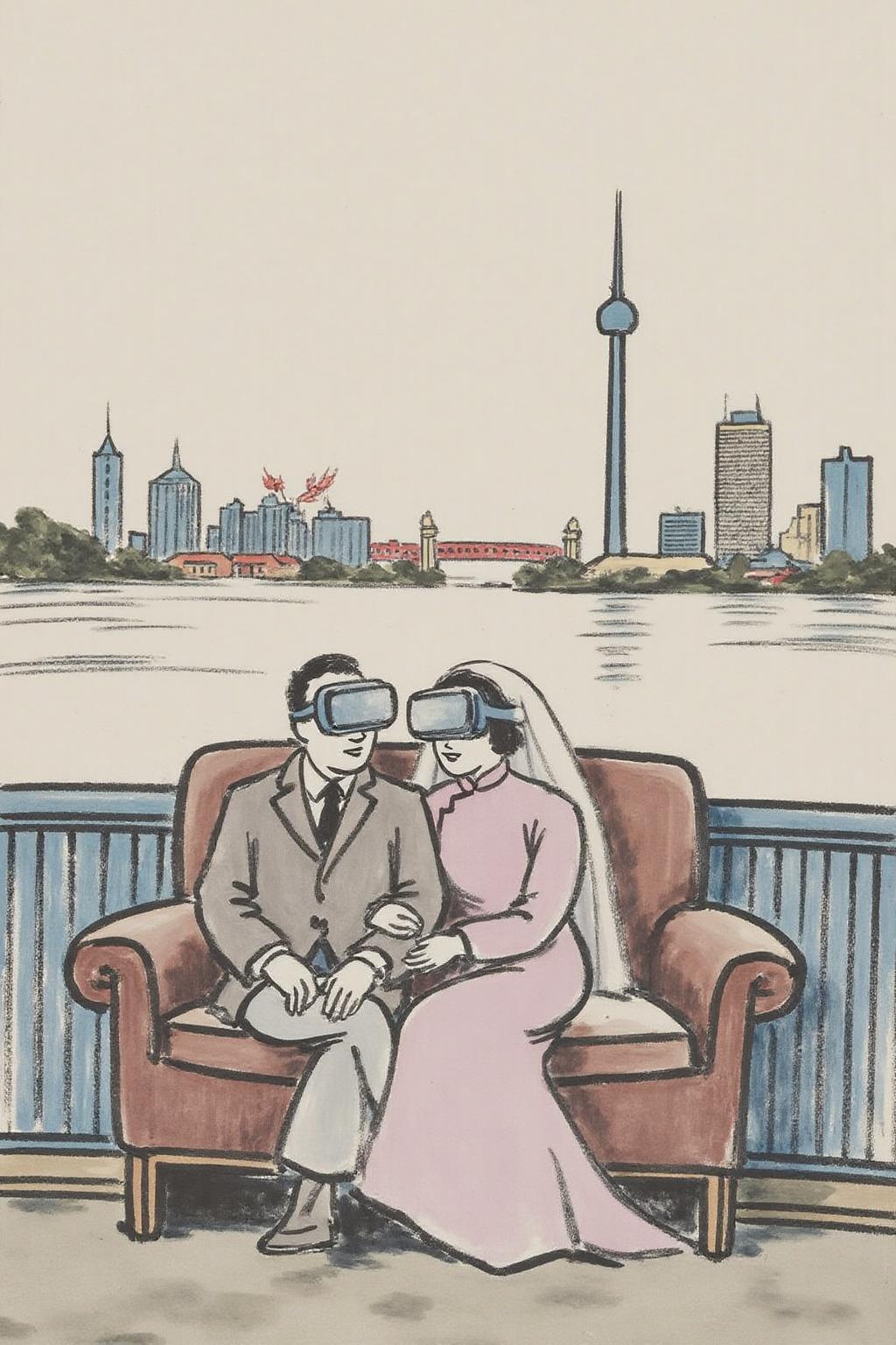 fzk1 minimalist ink painting. Chinese newlyweds sitting together on a vintage leather sofa, the background is a retro futuristic cityscape, whimsical scene, they both wearing VR goggles, the bride is in old-fashioned wedding dress and veil, the groom is in suit, whimsical, they look so happy and enjoying the movie in the VR goggles, in the style of 1980s shanghai,  <lora:fzk2_nocap_d6a3:1.0><lora:815044248849169729:0>