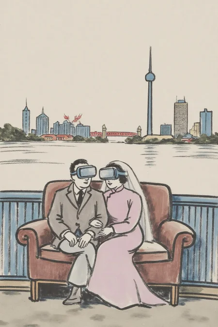 fzk1 minimalist ink painting. Chinese newlyweds sitting together on a vintage leather sofa, the background is a retro futuristic cityscape, whimsical scene, they both wearing VR goggles, the bride is in old-fashioned wedding dress and veil, the groom is in suit, whimsical, they look so happy and enjoying the movie in the VR goggles, in the style of 1980s shanghai, <lora:fzk2_nocap_d6a3:1.0><lora:815044248849169729:0>