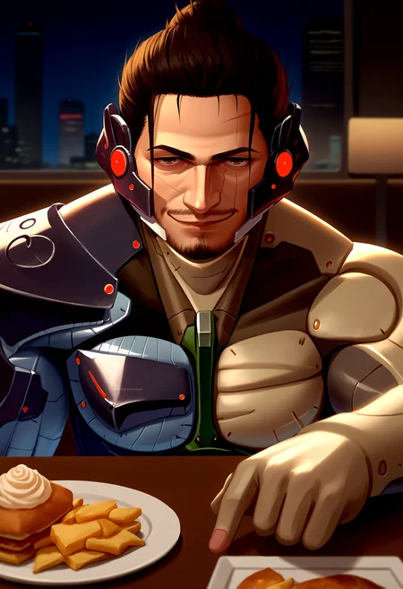 score_9, score_8_up, source_anime, 1boy, solo, JetstreamSam, beard, <lora:JetstreamSam_XLPD:1>, cyborg, bodysuit, pov across table, pov, food, cafe, seductive smile, upper body, (realistic:0.6), night,