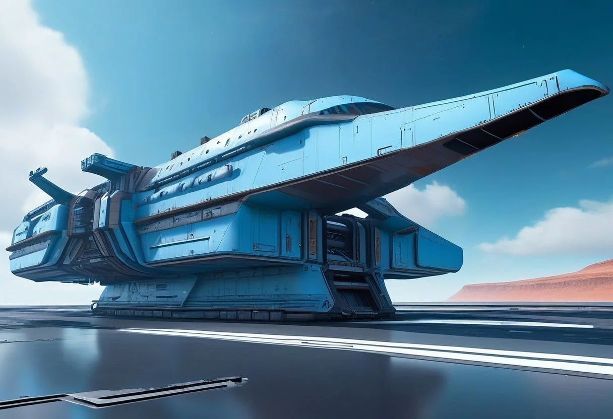 sci-fi, Futuristic, aJed-Rst, spaceport:1.3, tarmac, (Rusty spaceport buildings):1.3, (((beautiful, hyper realistic, high quality, highly detailed))), sleek blue neotech spacecraft (freighter),