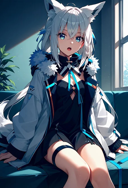 score_9,score_8_up,score_7_up,source_anime, SHIRAKAMI_FUBUKI,1girl,solo,long hair,looking at viewer,open mouth,bangs,blue eyes,hair ornament,dress,animal ears,hair between eyes,twintails,sitting,jacket,tail,braid,white hair,sidelocks,open clothes,virtual youtuber,black dress,open jacket,animal ear fluff,fur trim,fox ears,single braid,thigh strap,fox tail,white jacket,fox girl,fur-trimmed jacket,