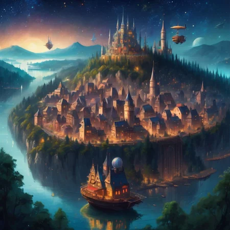 fantasy city overlooking a forest, bustling nightlife with flying ships, floating castle, starry night