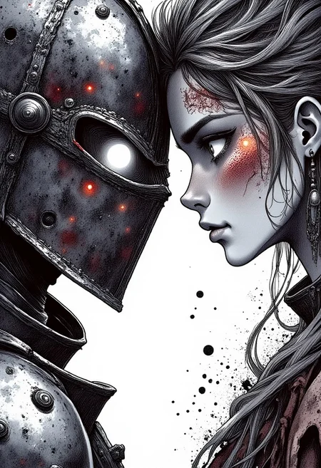 nistyle, extreme macro close-up ink drawing of a knight and a sorceress locked in an intense stare. The knight’s fierce, battle-worn eyes glow faintly under a heavy, cracked helm, while the sorceress’s enchanting, luminous gaze burns with ancient magic. Intricate black and white linework captures every detail: the sharp angles of the knight’s visor, the fine, swirling patterns of the sorceress’s flowing hair framing her hypnotic eyes. Their expressions are confident, dominant, and knowing — a silent battle of wills. Deep blacks and precise hatching techniques emphasize the high-contrast tension, making every crinkle, scar, and shadow vibrate with raw, mythic energy. with red blood highlights