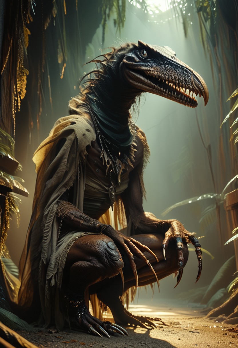 score_9, score_8_up, score_7_up, skeksis, solo, claws, no humans, jewelry, dark body, dark skin, realistic lighting, photo, photorealistic, portrait, squatting, looking at viewer, open mouth, teeth