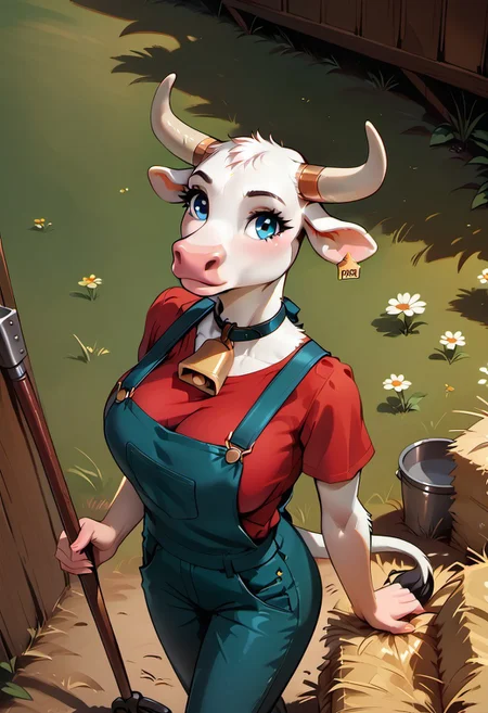 score_9, score_8_up, score_7_up, highres, high quality, perfection,
BREAK
1girl, (solo: 2.0), girl alone, from above,
BREAK
furry female, cow girl, (anthro cow girl: 1.2), beautiful girl, cute girl, adult, 20 years old, detailed fur, white fur, detailed body, shapely girl, (slim body: 1.2), petite body, (bald_girl: 1.2), (baldness: 2.0), white horns, detailed face, beautiful face, eyelashes, (blue eyes: 1.2), perfect eyes, detailed eyes, large breasts, detailed hands,
red shirt, short sleeves, overalls, cowbell,
standing, holding pitchfork, looking ahead,
BREAK
outdoors, early morning, farm, field, hay bale,