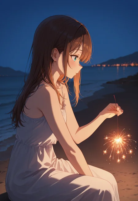 masterpiece, best quality, absurdres, safe
1girl, holding fireworks, sparkler, night, from side
<lora:senkou_hanabi_il_d16:1>