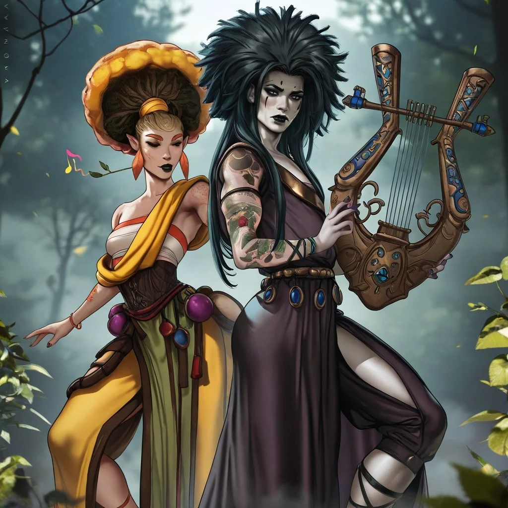 masterpiece, best quality, newest, absurdres, highres, dandon_fuga, ORPH&EURY-V1.1, duo, duo focus, Dynamic-Duo-Pose-IL.V1.0, Duo, Duo focus, dynamic duo, dynamic pose, pose,
1girl, EURY-V1.1, tree, tree on head, tree hair, plant girl, plant hair, orange eyebrows, plant humanoid, dryad, jewelry, yellow hair, tattoo, anklet, sarashi,
BREAK
1boy, ORPH-V1.1, black hair, afro, makeup, pale, pale skin, purple fingernails, eyeshadow, nail polish, long hair, jewelry, black lips, facial mark,
harp (instrument), harp, instrument, playing instrument, music note,