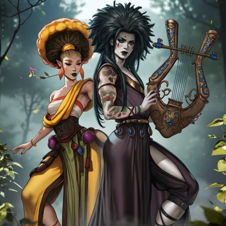 masterpiece, best quality, newest, absurdres, highres, dandon_fuga, ORPH&EURY-V1.1, duo, duo focus, Dynamic-Duo-Pose-IL.V1.0, Duo, Duo focus, dynamic duo, dynamic pose, pose,
1girl, EURY-V1.1, tree, tree on head, tree hair, plant girl, plant hair, orange eyebrows, plant humanoid, dryad, jewelry, yellow hair, tattoo, anklet, sarashi,
BREAK
1boy, ORPH-V1.1, black hair, afro, makeup, pale, pale skin, purple fingernails, eyeshadow, nail polish, long hair, jewelry, black lips, facial mark,
harp (instrument), harp, instrument, playing instrument, music note,