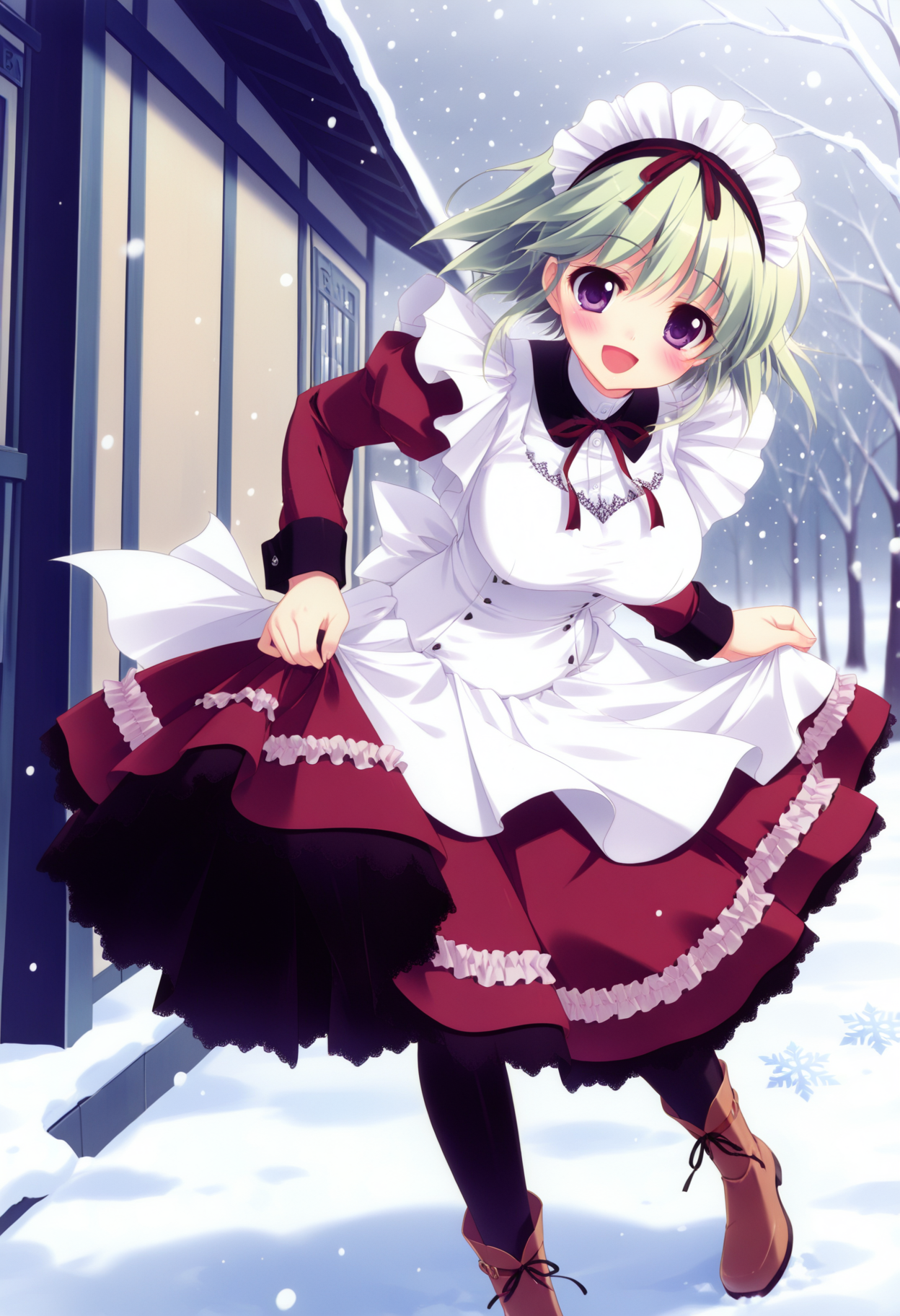 (best quality , masterpiece, good quality), very aesthetic, absurdres, general, sfw, 1girl, solo, msange, purple eyes, short hair, green hair, maid, long sleeves, long dress, large breasts, black pantyhose, boots, brown footwear, smile, blush, open mouth, curtsey, bowing, watson cross, skirt hold, arms at sides, outdoors, snowing, snow, snowflakes, depth of field, <lora:ms-angelina_ilxl:1>,