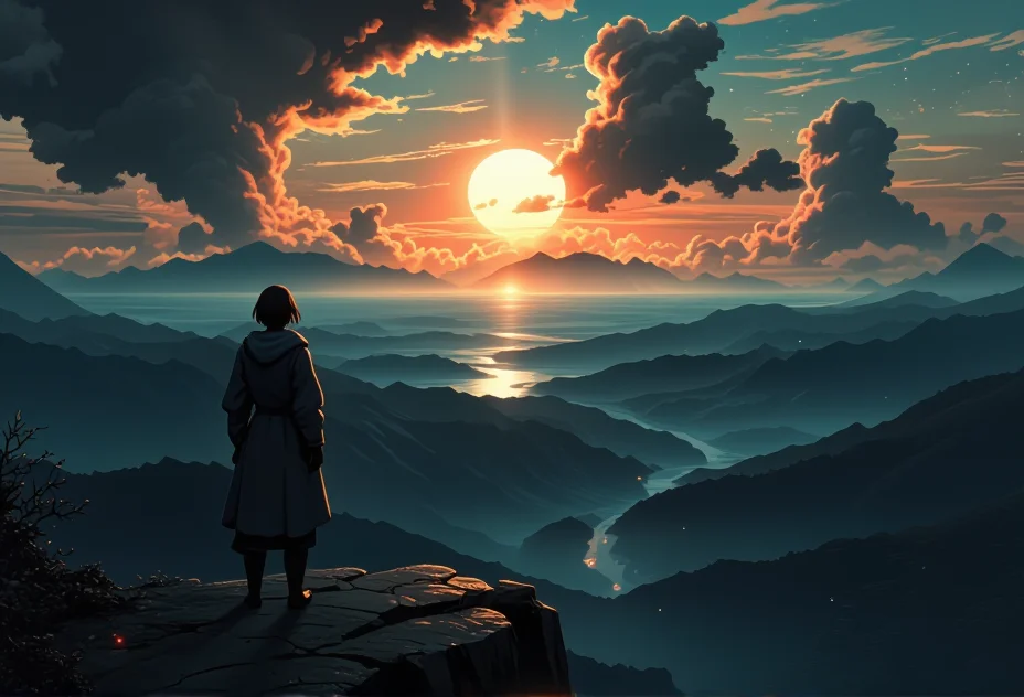 midnight scene of a figure standing on a cliff edge. The scene showcases sun rays breaking through misty clouds, with rolling mountains in the background.   The lighting casts vivid, golden highlights, enhancing the surreal beauty of the landscape. The figure is dressed in a futuristic outfit, adding a feeling of freedom. Small details, like snowflakes softly falling, bring an extra layer of magic and realism to the scene.}bv-stuanilan<lora:bv-stunning-anime-landscape-v1.safetensors:1.0:1.0>