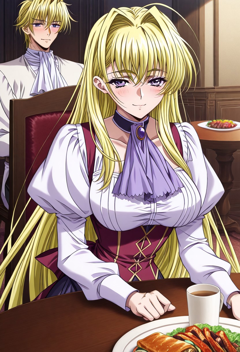 masterpiece, best quality, newest, highres, uncensored, 1girl, yokota mamoru style,1girl, slender face，motion lines,torogao,looking at the viewer,seductive smile,blush
Cecilia Game,Ahoge Hair, Blonde Hair, Waist Length Hair,Long Hair,Violet Eyes,Large Eyes,Choker,Slim
blonde hair, 1girl, long hair, 1boy, chair, food, table, ascot, indoors, sitting, puffy sleeves, cup，