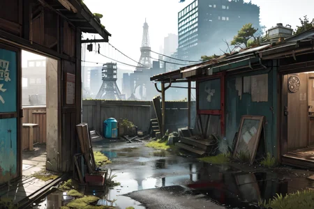 highly insanely detailed, masterpiece, top quality, best quality, highres, 4k, 8k, RAW photo, (very aesthetic, beautiful and aesthetic),  
(rsef style,fevercell style),futuristic_landscape,abstract_background, 
<lora:rsef-000225:0>, 
(1girl:1.3), 
1other, 
, 
(dark_skin,tan_skin,tanned skin,dark skin,dark-skinned,black-skinned,bronze skin,bronzed skin,cinematic Bronze tan tanning skin tone:1.1), 
short hair with long locks,long bob hair,fishtail braid hair,pixie cut hair,dreadlocks hair,hair intakes,hair ornament,hairpods,hair ribbon,hair bobbles, 
((bra peek:1.2),bra,breasts,cleavage), 
(Eiffel_Tower),real_world_location,landmark,ruanyi0042,building,outdoors,urban exploration,dirty,garbage,peeling paint,graffiti,ruins,abandoned,,dilapidated,made of moss,moss-covered,slime_\(substance\),sticky slime,(moss vines,moss slime vines,mossy_surface),twigs,plastic bag,brick wall,house,wall,trash can,puddle,window,graffiti,motor vehicle,(gravel road),air conditioner,box,soda can,bicycle,street,poster \(object\),bucket,cup,road,fence,plastic bag,paper bag,brick wall,fence,graffiti,bottle,soda can,cardboard box,at twilight,(pure cyan background,transparent background:1.2), 
,âââ