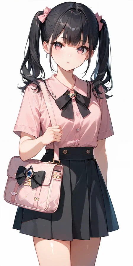 score_9, score_8_up, score_7_up,source_anime, high res image,masterpiece,best quality,girl,cute face,clear skin,shiny hair,ultra detailed eyes,simple background, <lora:jirai kei_pony_V1.0:1> jirai kei, black hair, bow, twintails, bag,pink shirt,black skirt