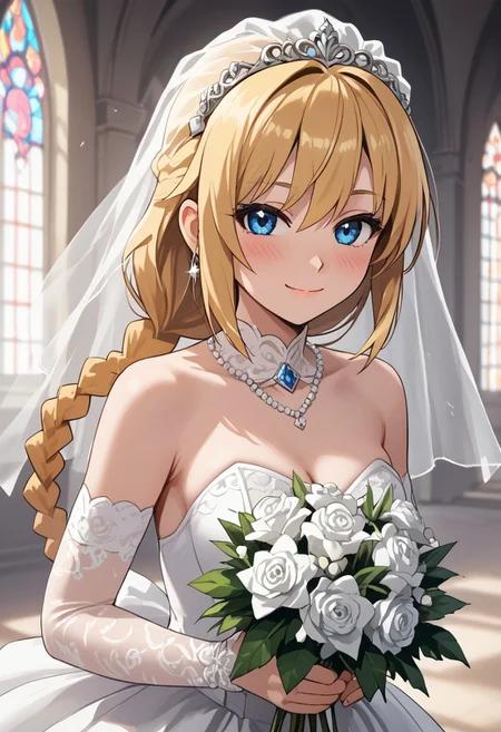 score_4,score_5,score_6,score_7_up,score_8_up,score_9 ((masterpiece,best quality,ultra detailed,highres,HD,4k:1.2)), 
blonde hair,long hair,braided ponytail,spiked hair,single braids,blue eyes,
((wedding dress, wedding veil:1.1)),bouquet, wedding ceremony, church,
looking at viewer,happy,light smile,blush,closed mouth,