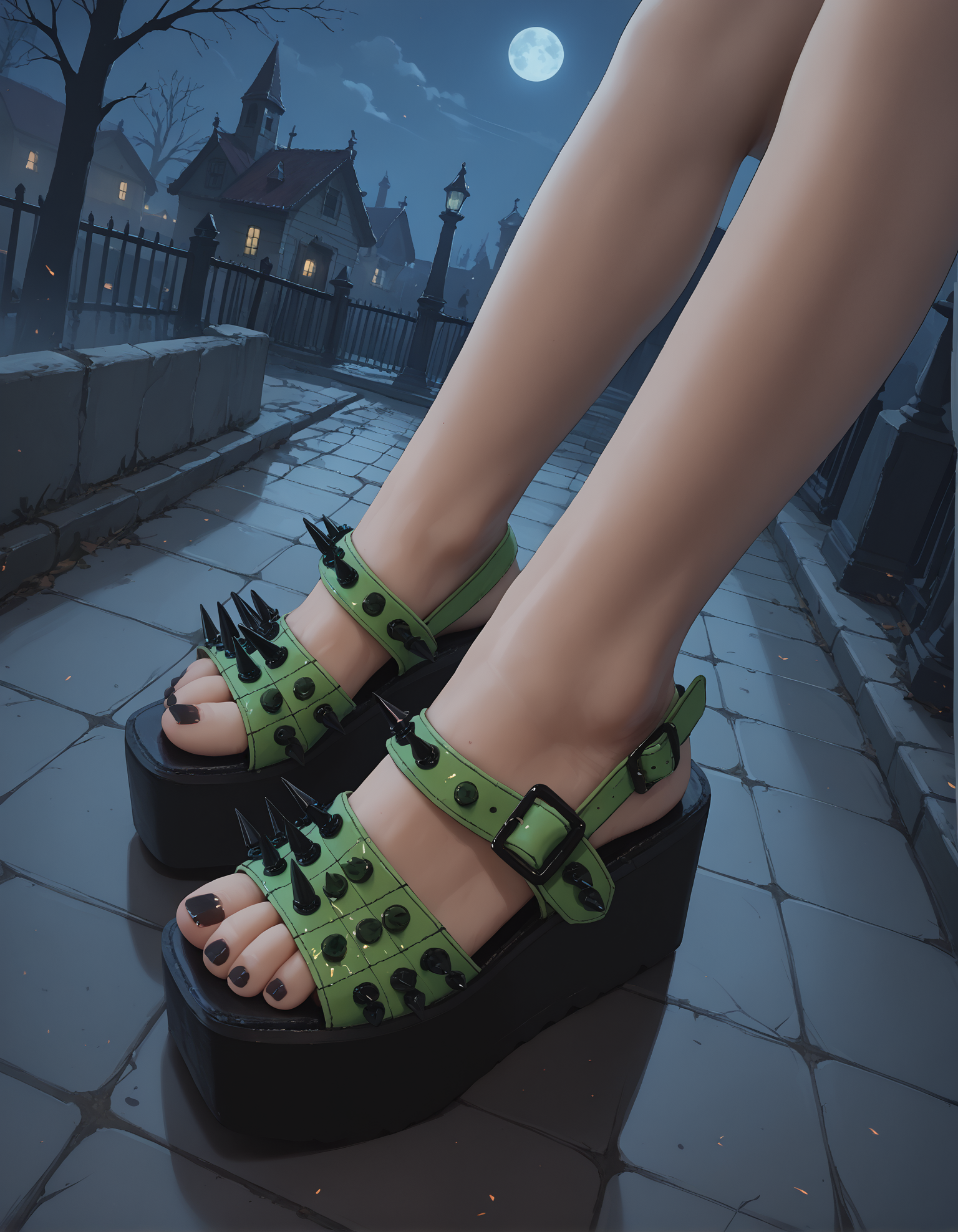 score_9, score_8_up, score_7_up, score_6_up, realistic,
wide angle, foot focus, (from side:0.8), (from above:1.2),
standing,
1girl, goth, 
sp1ke sandals, platform footwear,
halloween scene, fog, night,
black toenail polish,
embedding:zPDXLrl ,
embedding:zPDXL2 ,