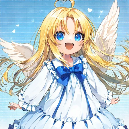 score_9, score_8_up, score_8, score_7_up, 
1girl, solo, AEFilo, blue eyes, blonde hair, ahoge, long hair, white wings, blue bowtie, white dress, frilled dress, frilled sleeves, long sleeves, barefoot, polka dots background, smile, open mouth, close shot, cute girl, looking at viewer,
cute, kawaii, hearts,