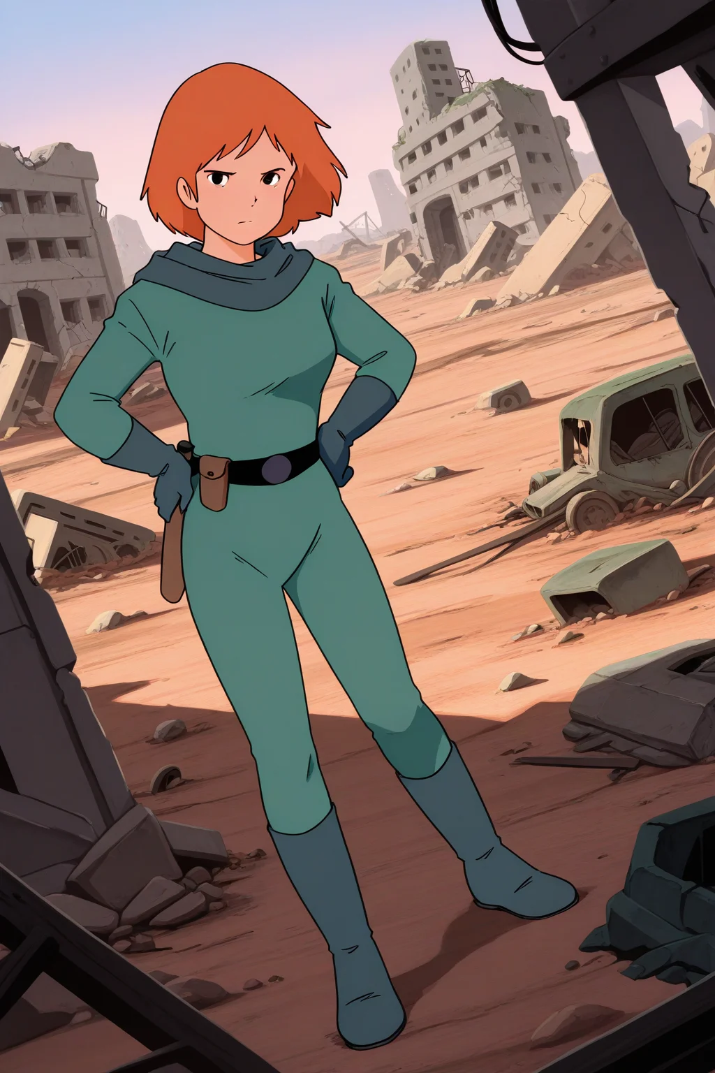masterpiece, best quality, amazing quality, absurdres, solo, conanmonsley, serious, standing, looking at viewer, dutch angle, hands on hips, orange hair, green hood, hood down, green bodysuit, green gloves, green boots, outdoors, ruins, wasteland, wreckage