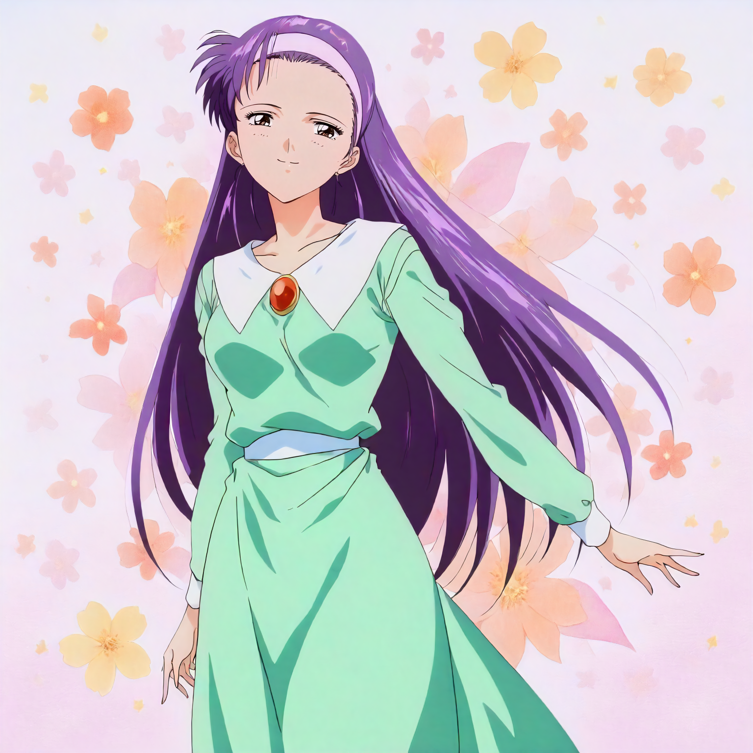 <lora:ZSBGP0_saionji_reikoXLanimagine001>,
masterpiece,high score,great score,absurdres,
flower background,glitter,
smile,
looking at viewer,
solo,
anime coloring,1990s \(style\),
saionji_reiko\(zenkoku_seifuku_bishoujo_grand_prix\),1girl,purple hair,long hair,hairband,forehead,brown eyes,
green dress,wide collar,white collar,brooch,long_sleeves,
long_skirt,
cowboy shot,
standing,