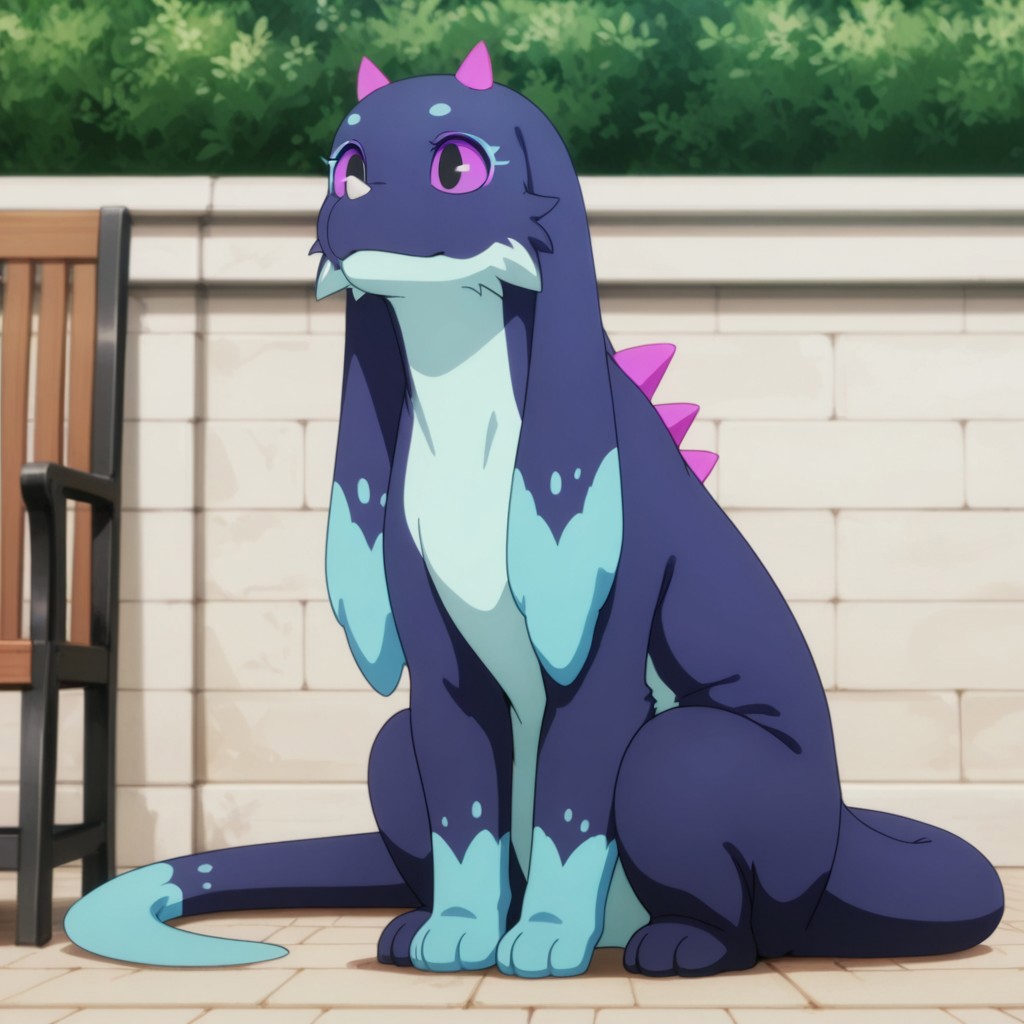 masterpiece, best quality, amazing quality,Feirunespdril, feral, female, earth wyrm, white nose horn, two-tone fur, dark blue fur, light blue fur, long ears, pink horns, purple sclera, black eyes, sitting, outside, full body,