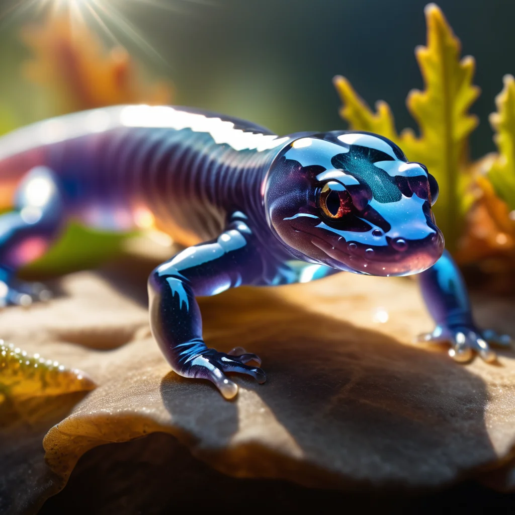 extremely detailed 32k UHD RAW photo depicting a perfect salamander entirely made of crystal, showcasing a multifaceted translucent body with a prismatic effect as light passes through, taken by a national geography photographer with DSLR, beautiful sunlight