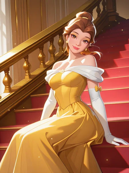 highres, hi res, best quality, masterpiece, cute,
1girl, medium breasts, (BelleXL:1.1), bow, brown hair, brown eyes, yellow dress, off-shoulder dress, white shirt, long dress, elbow gloves, jewelry, ponytail, single hair bun, lipstick, floating hair, makeup, 
light smile, dutch angle, sexy pose, happy, looking at viewer, elegant room, sitting on stairs, golden furniture, daylight, indoors, dynamic pose, cowboy shot, head tilt, light particles, from side,
 <lora:Belle-IL:0.75>  <lora:AMarvelRivals_style-06:1> MarvelRivals,,, semi realistic, cartoon,,,