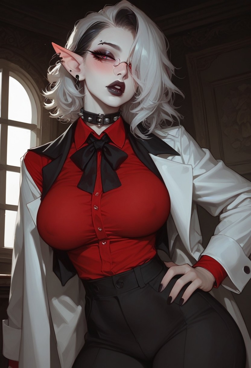 score_9, score_8_up, score_7_up, extremely detailed, sharp focus, HD, 1girl, solo, ((Very Pale skin)), Mature Woman, Thick body, (huge Natural breasts), very soft breasts, (big round bubble butt), thick thighs, skindentation, big pleading eyes, pursed lips, parted Lips, full lips, blush, Long pointy ears, goth, ((Medium Hair)), messy hair, Very Long bangs, (bangs covering one eye), (white Hair, black Highlights in hair), black Eyeshadow, black Lipstick, Purple eyes, inside, mafia House, White pillars, window in background, detailed Background, Standing, studded collar, Boss bitch, Mafia Boss, ((Red tight Shirt)), (black vest), tight black pants, one Hand on hips, stylish, arrogant, sexy, Front View (White coat around shoulders), black tiny Glasses,