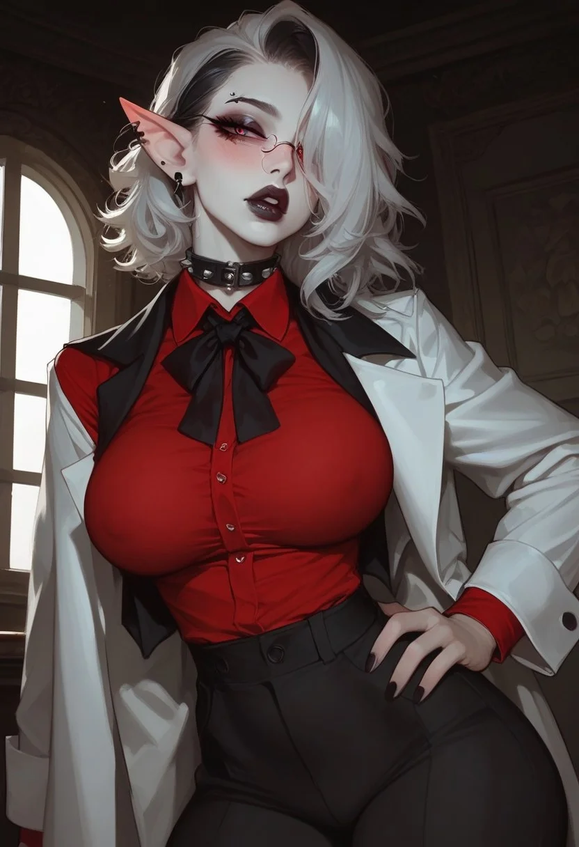 score_9, score_8_up, score_7_up, extremely detailed, sharp focus, HD, 1girl, solo, ((Very Pale skin)), Mature Woman, Thick body, (huge Natural breasts), very soft breasts, (big round bubble butt), thick thighs, skindentation, big pleading eyes, pursed lips, parted Lips, full lips, blush, Long pointy ears, goth, ((Medium Hair)), messy hair, Very Long bangs, (bangs covering one eye), (white Hair, black Highlights in hair), black Eyeshadow, black Lipstick, Purple eyes, inside, mafia House, White pillars, window in background, detailed Background, Standing, studded collar, Boss bitch, Mafia Boss, ((Red tight Shirt)), (black vest), tight black pants, one Hand on hips, stylish, arrogant, sexy, Front View (White coat around shoulders), black tiny Glasses,