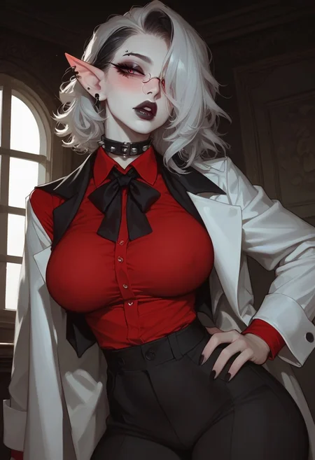 score_9, score_8_up, score_7_up, extremely detailed, sharp focus, HD, 1girl, solo, ((Very Pale skin)), Mature Woman, Thick body, (huge Natural breasts), very soft breasts, (big round bubble butt), thick thighs, skindentation, big pleading eyes, pursed lips, parted Lips, full lips, blush, Long pointy ears, goth, ((Medium Hair)), messy hair, Very Long bangs, (bangs covering one eye), (white Hair, black Highlights in hair), black Eyeshadow, black Lipstick, Purple eyes, inside, mafia House, White pillars, window in background, detailed Background, Standing, studded collar, Boss bitch, Mafia Boss, ((Red tight Shirt)), (black vest), tight black pants, one Hand on hips, stylish, arrogant, sexy, Front View (White coat around shoulders), black tiny Glasses,