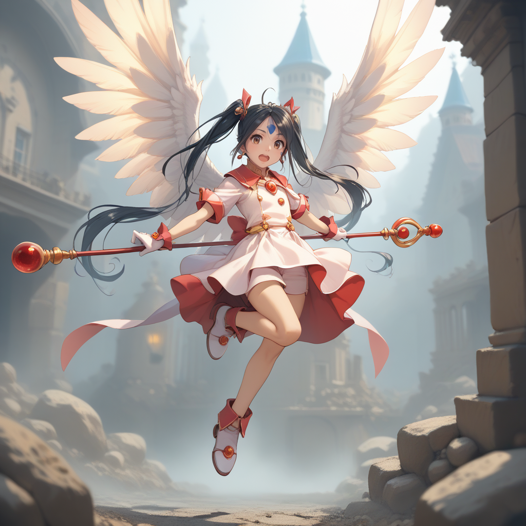 20yo, score_9,score_8_up,score_7_up,score_6_up, shiny oild skin, 
Skuld, open mouth, gloves, twintails, jewelry, full body, :d, earrings, white gloves, magical girl, staff,  castle night jumping dynamic poses On the roof upper body, gigantic angel wings, 
 <lora:Skuld:0.85> <lora:zy_Detailed_Backgrounds_v1:2>