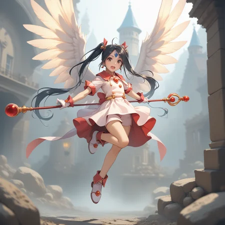 20yo, score_9,score_8_up,score_7_up,score_6_up, shiny oild skin,
Skuld, open mouth, gloves, twintails, jewelry, full body, :d, earrings, white gloves, magical girl, staff, castle night jumping dynamic poses On the roof upper body, gigantic angel wings,
<lora:Skuld:0.85> <lora:zy_Detailed_Backgrounds_v1:2>