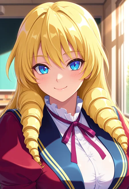 masterpiece, best quality, amazing quality, absurdres, 1girl, solo, (portrait:1.2), himenoww, blue eyes, blonde hair, long hair, very long hair, drill hair, large breasts, school uniform, purple neck ribbon, red jacket, white dress shirt, puffy sleeves, looking at viewer, smile, indoors, day, skindentation, detailed clothing folds, depth of field, sharp, high contrast, dynamic light <lora:Ryuuguuji_Himeno_Gakuen_Saimin_Reido_ill:0.8>