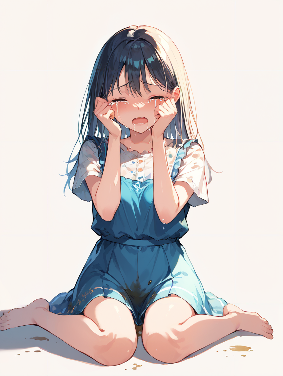 score_9, score_8_up, score_7_up,source_anime, high res image,masterpiece,best quality,(girl:1.0),cute face,clear skin,shiny hair,ultra detailed eyes,simple background, <lora:sob_pony_V1.0:1> sob, tears,open mouth,closed eyes,sitting ,wariza,peestain,pee