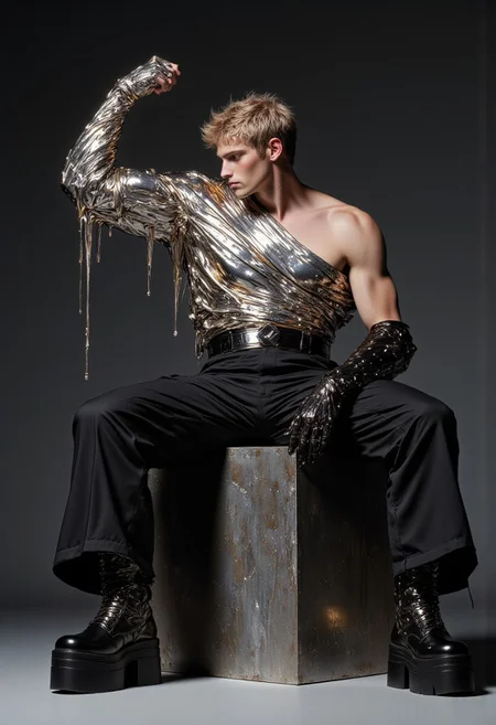 This is a high-resolution photograph featuring a strikingly modern and avant-garde fashion style. The central figure is a young man with a slender, athletic build, seated on a large, metallic cube. The person is wearing an asymmetrical, metallic, one-shoulder top that drapes dramatically over the body, resembling liquid metal. The top is a glossy, reflective silver, creating a dynamic, fluid effect. The person’s hair is short, blonde, and tousled, adding to the edgy, modern aesthetic. The person is seated with one leg crossed over the other, revealing a pair of wide, black pants with a high-waisted silhouette. The pants are paired with black, high-heeled platform boots that feature a chunky, blocky design and are adorned with large, metallic studs. The person’s left hand is extended upward, holding the metallic top, while the right hand rests on the knee. The background is a solid, dark gray, which contrasts sharply with the reflective metallic surfaces, making the figure and their clothing the focal point. The overall mood is one of bold, contemporary fashion with an emphasis on avant-garde design and dramatic silhouettes.