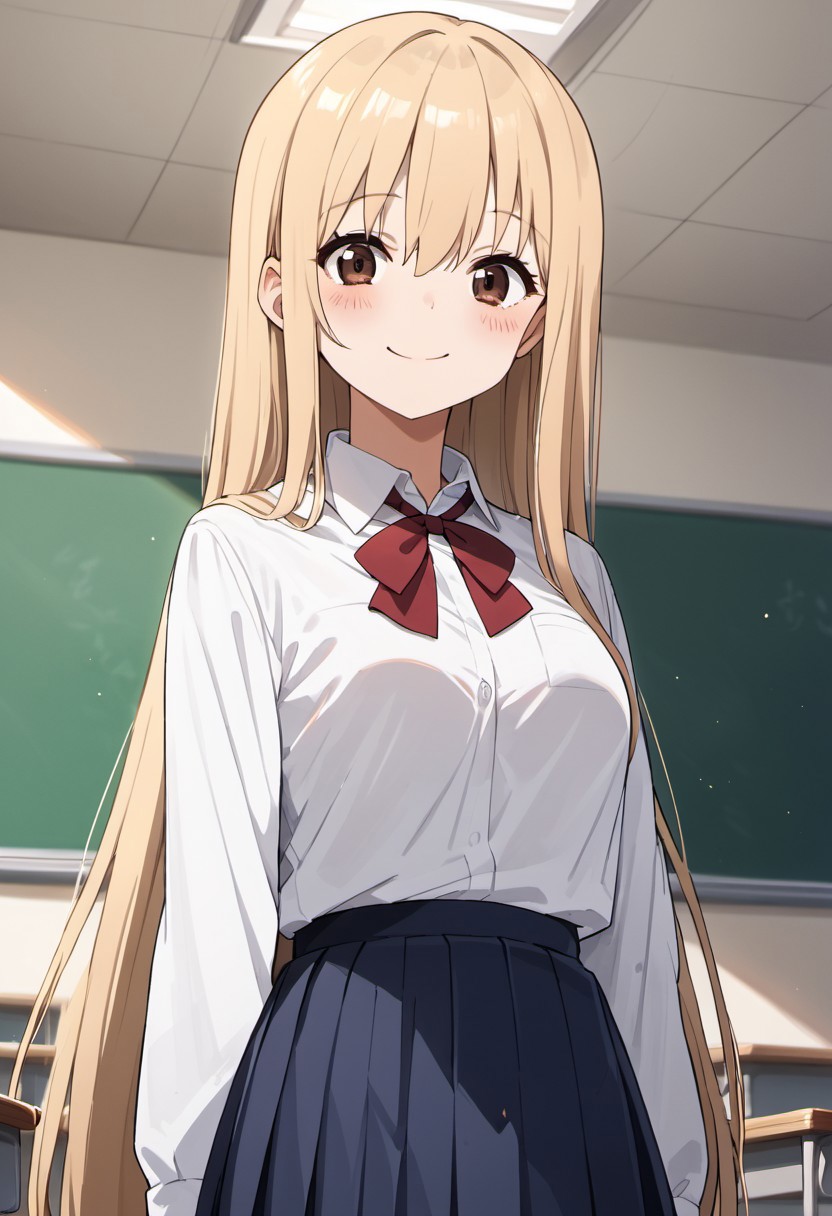 score_9, score_8_up, score_7_up, source_anime, umaru doma, 1girl, solo, long hair, looking at viewer, blush, smile, skirt, blonde hair, shirt, ribbon, brown eyes, very long hair, school uniform, white shirt, classroom
