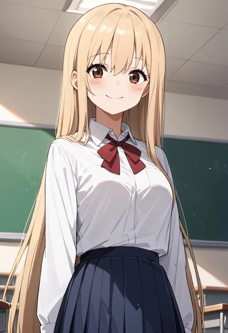 score_9, score_8_up, score_7_up, source_anime, umaru doma, 1girl, solo, long hair, looking at viewer, blush, smile, skirt, blonde hair, shirt, ribbon, brown eyes, very long hair, school uniform, white shirt, classroom