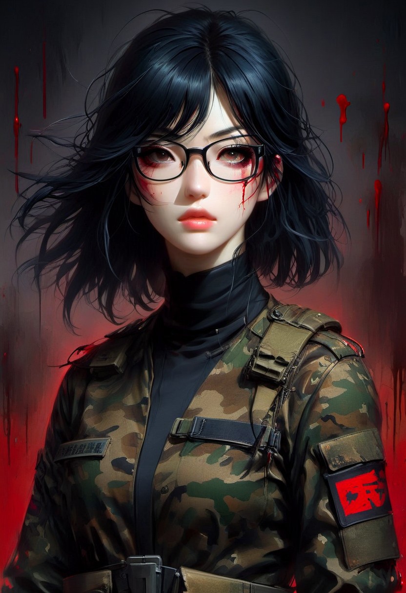FFROA, full body, 1girl, tomie kawakami as a soldier, perfect face, black gloves, torn ss uniforms, black messy hair, glasses, scar on face, blood on uniforms,