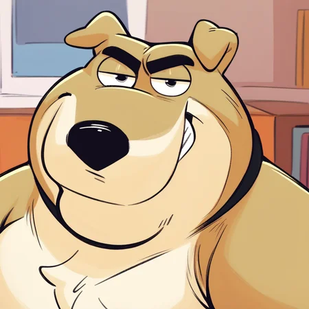 score_9, score_8_up, score_8, furry, Vinny, dog, beige fur, long snout, black collar, cartoon style, 2d, overweight male, solo, upper body focus, face close up, looking at viewer, bedroom eyes, smirk, inside